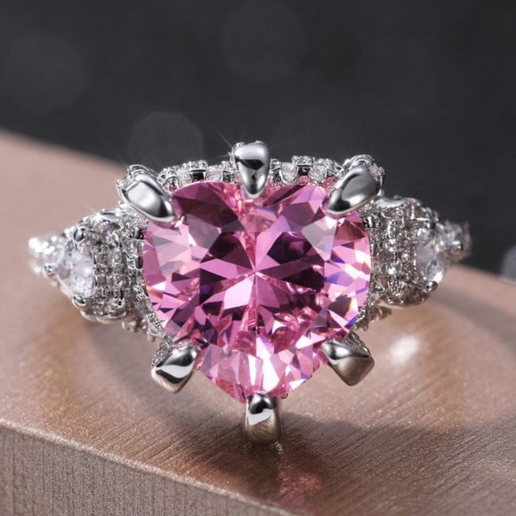 ▶Pink Heart CZ Anillos Shiny Diamonds Silver Plated Heart Ring for Women, L117